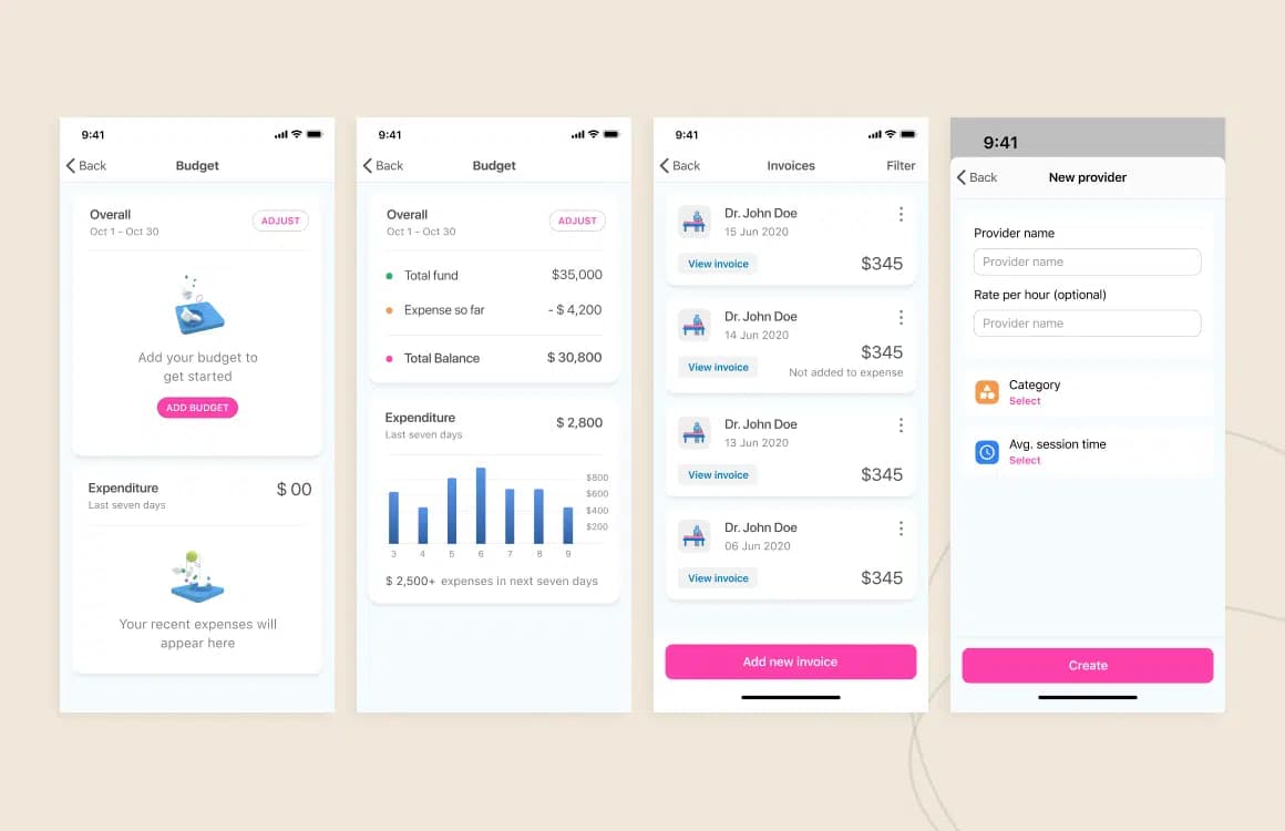 Munca app UI showing budget and appointments