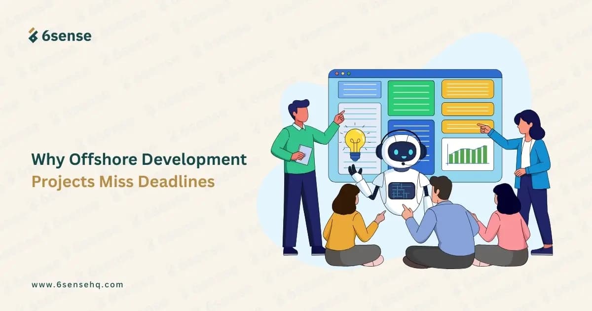 why offshore development projects miss deadlines illustration of a team reviewing a project dashboard with an ai assistant on screen